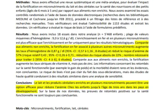 Le lait et les produits céréaliers enrichis en plusieurs micronutriments peuvent être une option efficace pour réduire l'anémie Chez les enfants jusqu'à l'âge de trois ans dans les pays en développement