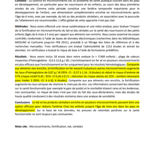 Le lait et les produits céréaliers enrichis en plusieurs micronutriments peuvent être une option efficace pour réduire l'anémie Chez les enfants jusqu'à l'âge de trois ans dans les pays en développement